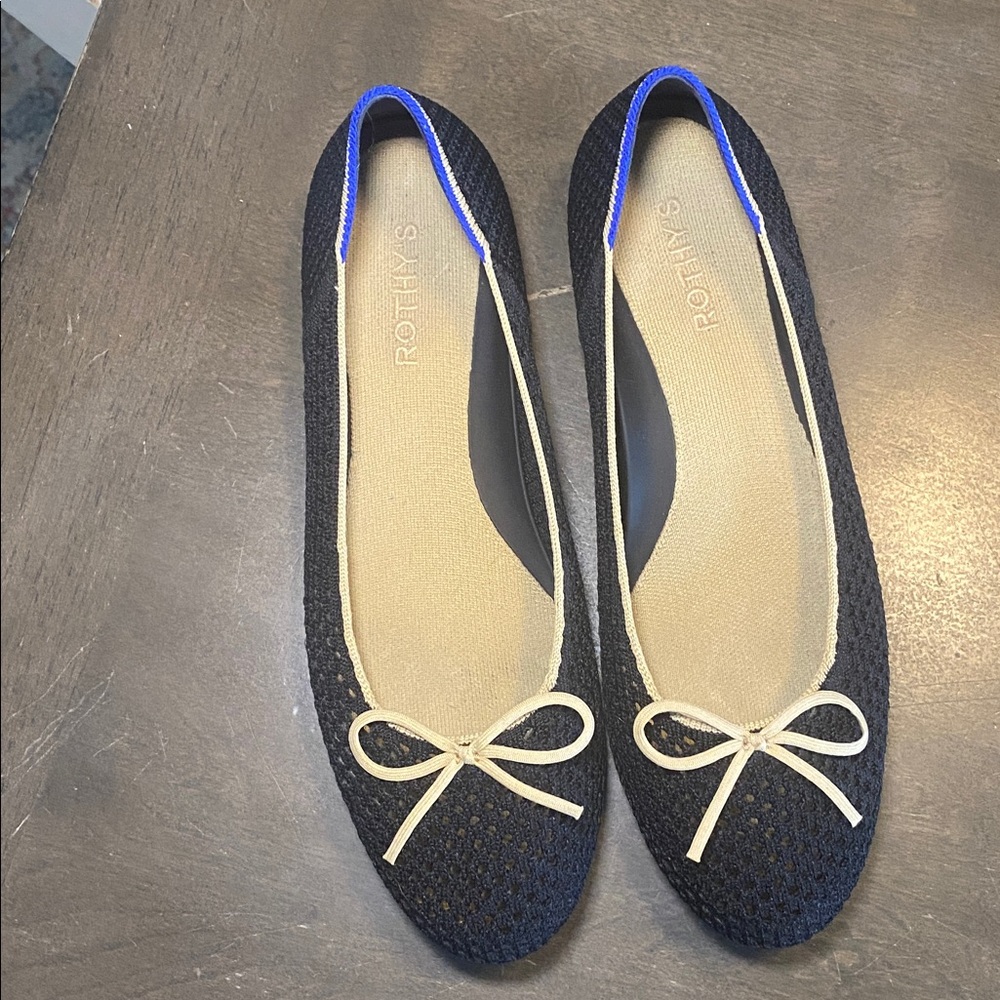 Rothy's Black Knit Ballet Flats with Cream Bow Trim - Picture 2 of 5